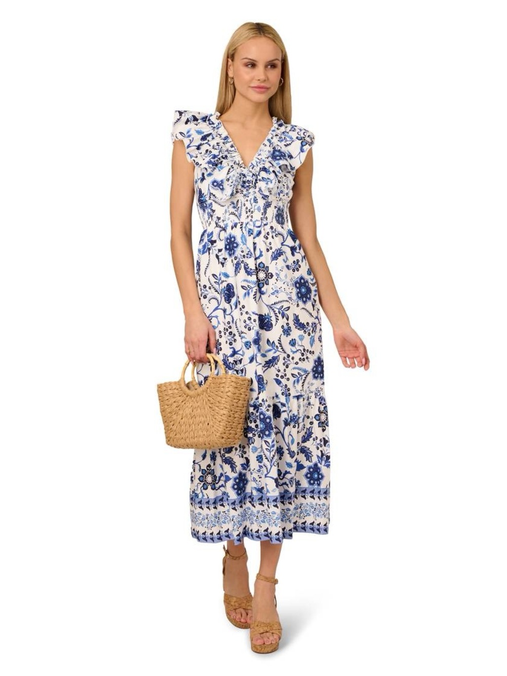 NWT Adrianna Papell Printed Blue Ruffle V-Neck Midi Dress, Size 4